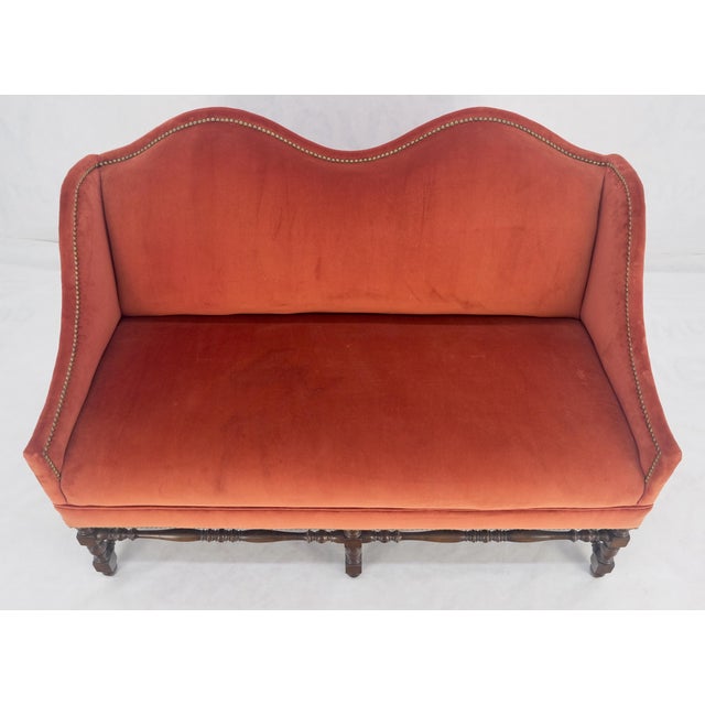 William & Mary Style Brick Red Camel Back Upholstery Walnut Base Sofa Loveseat For Sale - Image 12 of 15