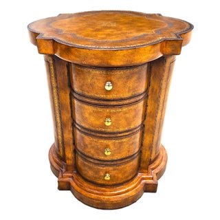 Maitland Smith English Regency Tooled Leather Quatrefoil Drum Chest Side Table For Sale