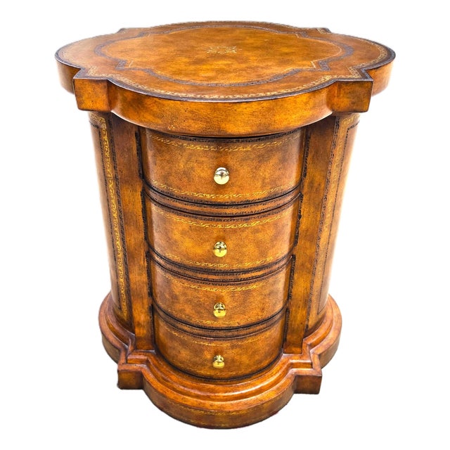 Maitland Smith English Regency Tooled Leather Quatrefoil Drum Chest Side Table For Sale