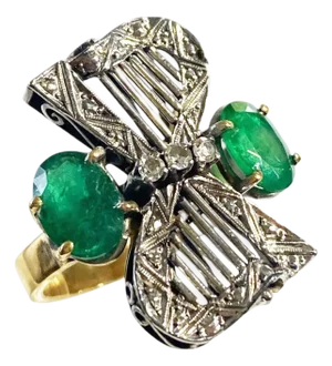 Art Deco 18 K Gold Ladies Twin Emerald & Diamond Ring Size 8