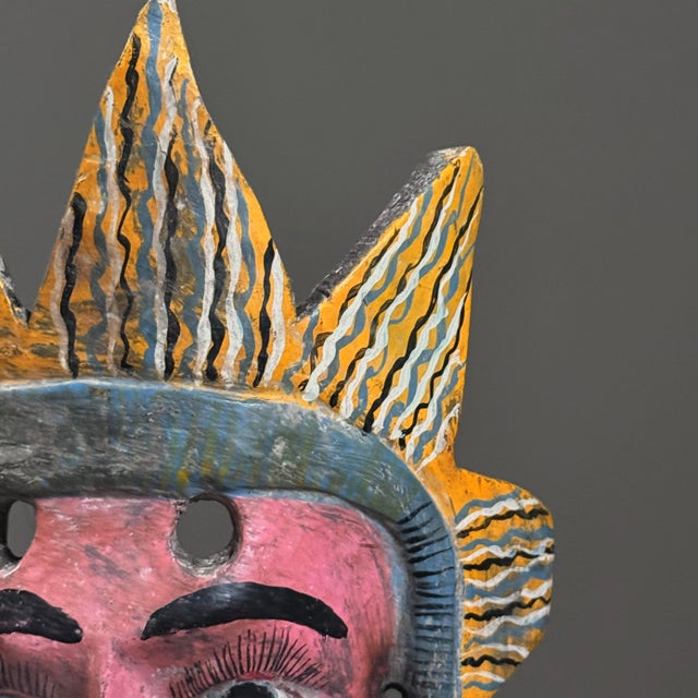 1920s Antique Polychrome Anthropomorphic Mexican Folk Art Sun Mask W/ Sunburst Motif For Sale - Image 5 of 7