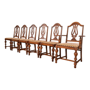 Berkey & Gay Style Antique English Jacobean Carved Walnut Dining Chairs, Set of Six