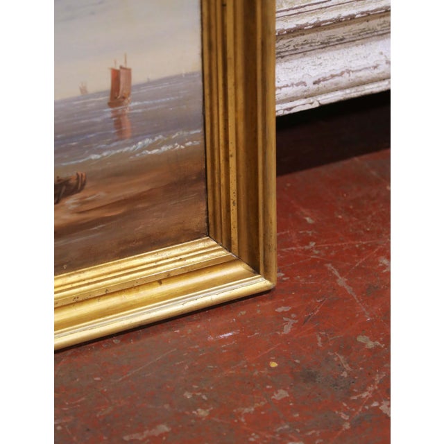 19th Century French Coastal Harbor Marine Oil Painting in Giltwood Frame For Sale - Image 10 of 11