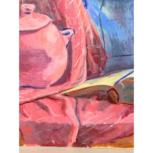 Vibrant and lovely vintage post impressionist original painting on board, signed and dated by the artist, 1944. The still...