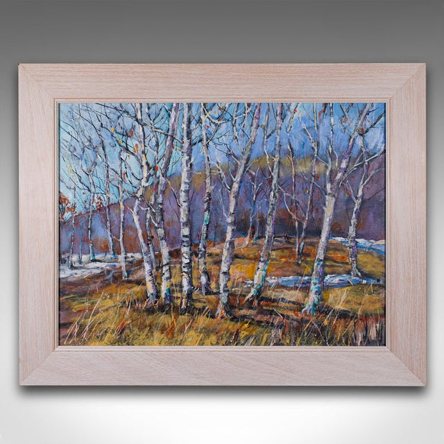 This is a framed contemporary landscape. An English, oil on canvas woodland scene by Mary Pelham. Charming woodland scene...