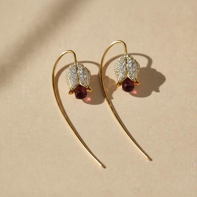 Modern Silver, Gold Lily Flower Earrings With Garnet Briolettes, Pair For Sale - Image 3 of 6