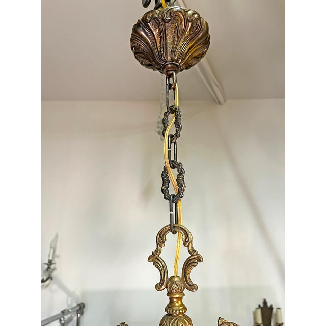 Antique Spanish Brass 6-Arm Heavy Chandelier With Crystal For Sale - Image 4 of 12