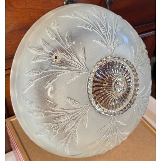 Vintage Frosted Glass Flush Mount Ceiling Light Shade With Prismatic Center – Etched Botanical Motif, 10” For Sale - Image 4 of 14