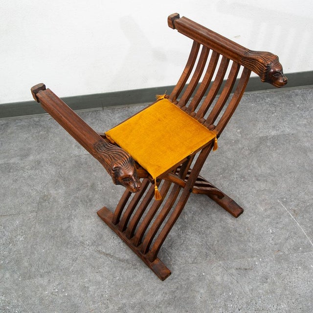 Mid Century Side Chair Stained Italian Arm Carved Lion Head Savonarola Baroque For Sale - Image 9 of 12