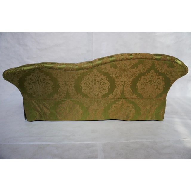 Victorian Pair of Custom Curved Back Tufted Damask Sofas Includes Additional Silk Velvet Slipcovers For Sale - Image 3 of 18