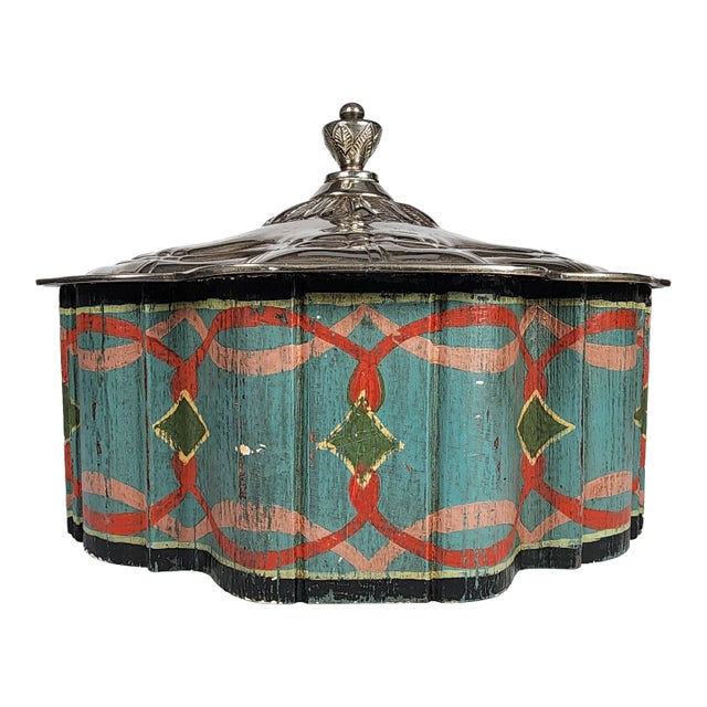 Antique Moroccan Folk Art Polychrome Lidded Tea Caddy Storage Box Hand Tooled For Sale