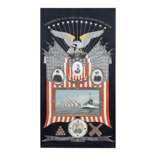 Japanese Antique Textile Panel of American Historical Great White Fleet For Sale