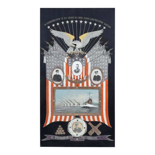 Japanese Antique Textile Panel of American Historical Great White Fleet For Sale