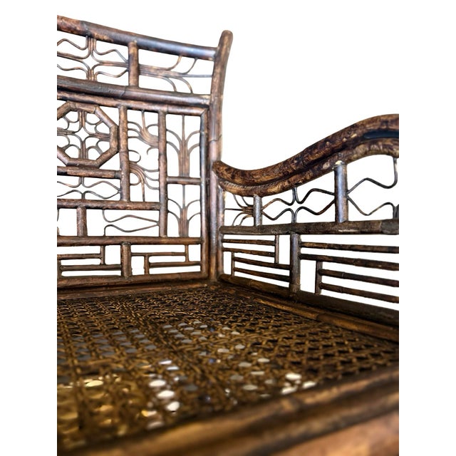 Chinoiserie Vintage Brighton Chinoiserie Bamboo Bench With Cane Seat | Chinese Chippendale Fretwork For Sale - Image 3 of 8