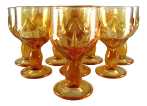 1970s American Vintage Mid Century Mid-Century Modern Crystal Citrine Tangerine Orange Wine Goblets - Set of 8