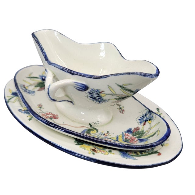 19th Century Faience De Gien French Hand Painted Earthenware Sauce Boat With Attached Underplate and Additional Oval Plate For Sale - Image 4 of 12