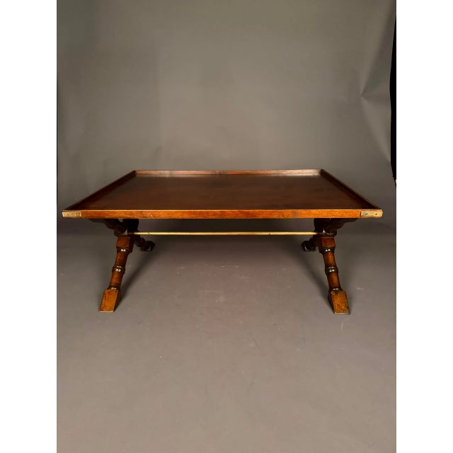 Campaign Vintage Campaign Style Mahogany Coffee Table With Removable Leather-Lined Trays & Brass Accents, Circa 1980 For Sale - Image 3 of 13