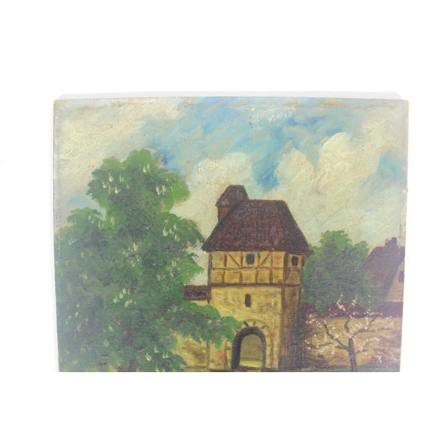 Paint Vintage Oil Painting of a Landscape With Castle Gate Unframed Small Europe For Sale - Image 7 of 8