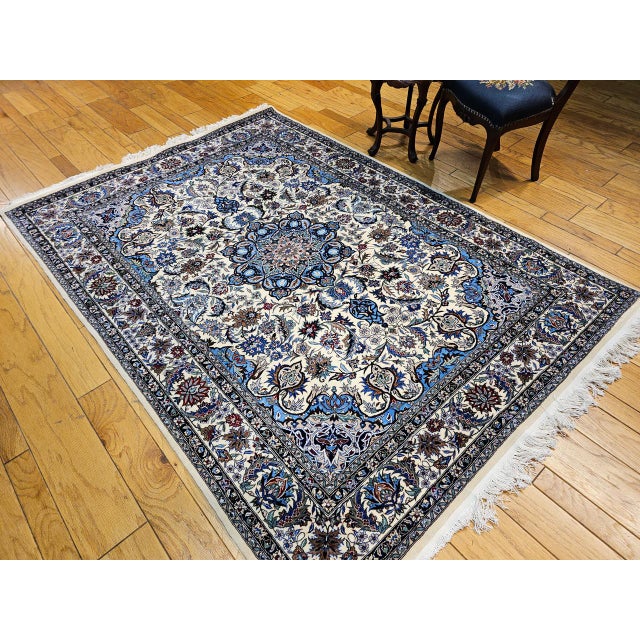 Vintage Tabriz Design Area Rug, Hand-Knotted Wool, Floral Pattern, Ivory & Blue, 6x8 For Sale In Chicago - Image 6 of 18