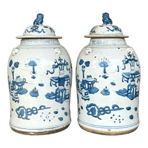 Vintage Asian Hand Painted Foo Dog Ginger Jars - a Pair