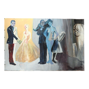Mae Alice Engron, (American, 1933-2007) Surreal Figural Group, Oil on Unstretched Canvas