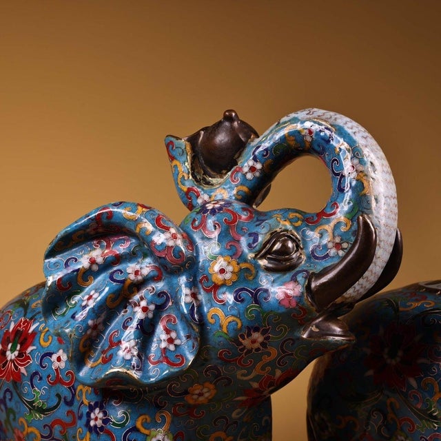 Metal Late 20th Century Gilt Bronze Cloisonné Enamel Elephant Figures - Pair For Sale - Image 7 of 10