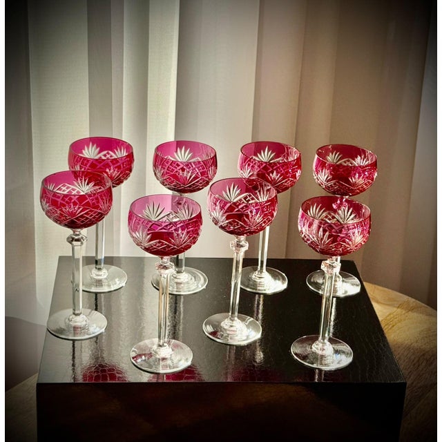 Mid 20th Century Ruby Cut-to-Clear Crystal Cordial Glasses attributed to Val Saint Lambert, 1950, Set of 8 For Sale - Image 5 of 18