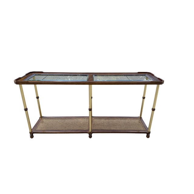 1970s Vintage Hollywood Regency Faux Bamboo Brass Console Table With Cane Shelf & Double Glass Top | Chinoiserie Campaign Entry Table For Sale - Image 5 of 12