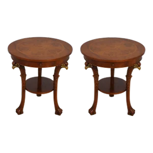 Pair Italian Classical Round Inlaid 1 Drawer Lamp Tables