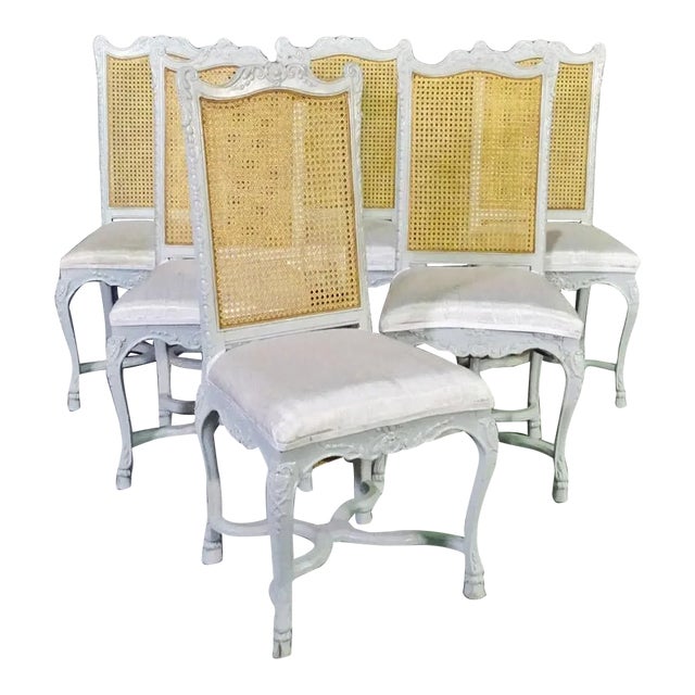 Set of 6 French Cane Back Louis XV Painted Dining Chairs, Circa 1940 For Sale