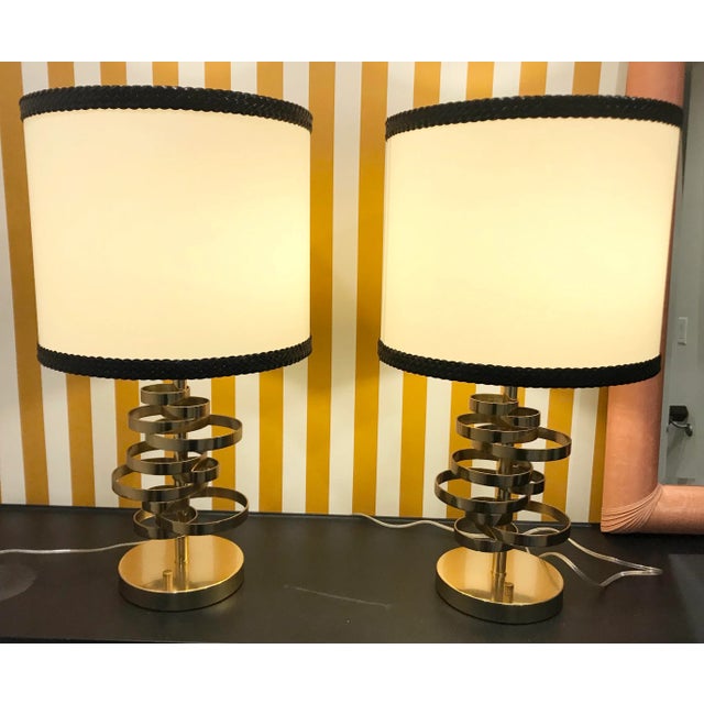 Metal Brass Ribbon Lamp With Braided Leather Shade - a Pair For Sale - Image 7 of 12