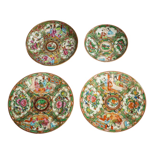 Wonderful Collection (4) Antique Chinese Export Small Rose Medallion Porcelain Plates Hand Painted Famille Rose Chinoiserie Home Decor For Sale