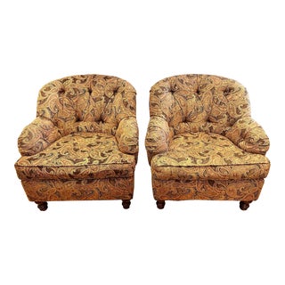 Upholstered Tufted Paisley Club Chairs - a Pair For Sale
