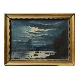 Antique Danish Folk Art Nocturne Seascape With Castle, Oil on Canvas For Sale