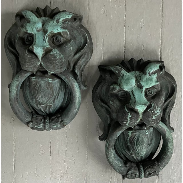 Gothic Large Antique Early 20th Century Verdigris Bronze Lion Mask Door Knockers With Ring Handles - a Pair For Sale - Image 3 of 9