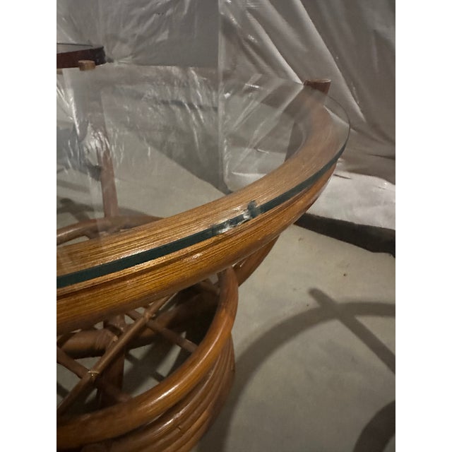Mid-Century Modern 1970s Pair of Mid-Century Modern Rattan & Glass Round Side Tables For Sale - Image 3 of 6