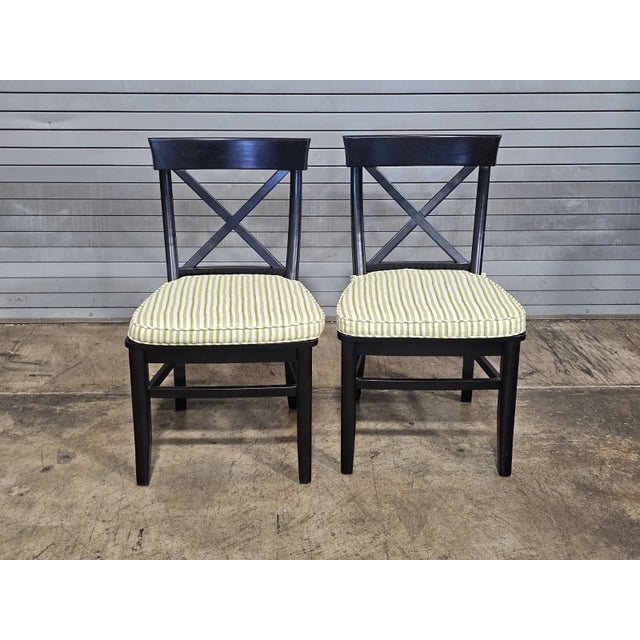 Black Set of 6 Pottery Barn Black X Back Dining Chairs With Green Striped Padded Seats For Sale - Image 8 of 13