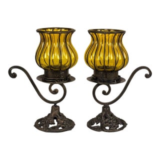 Vintage Gothic Revival Wrought Iron & Blown Amber Glass Candle Holders - A Pair For Sale