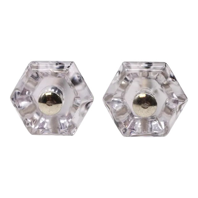 Pair of Vintage 1.125 In. Glass Hexagon Drawer Cabinet Knobs For Sale