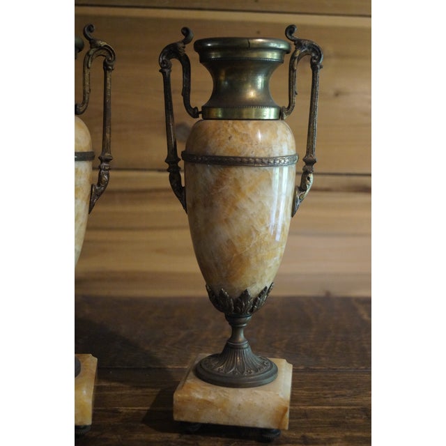 Early 1900s French Onyx and Bronze Mantle Urns - A Pair For Sale - Image 4 of 11