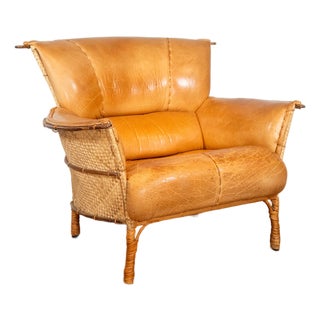 Pacific Green 'Navajo' Cognac Leather & Rattan Lounge Chair For Sale