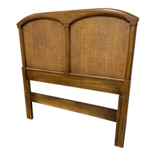 Twin Size Walnut Headboard With Rattan Panels For Sale
