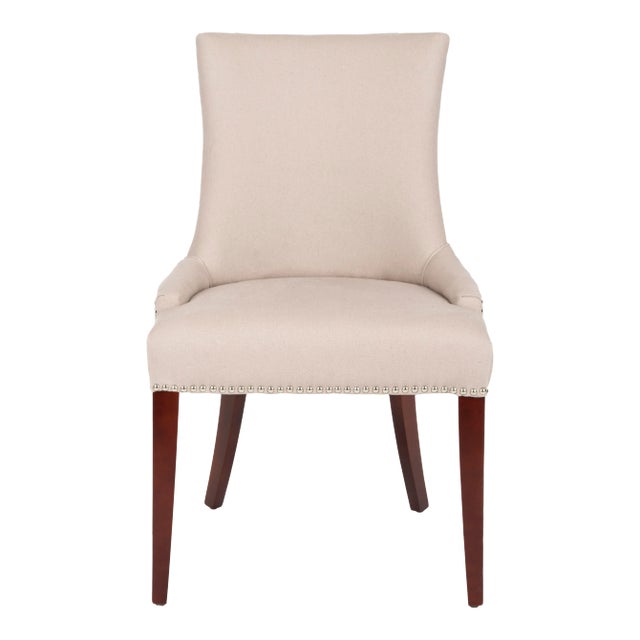 19''H Linen Dining Chair With Silver Nailheads in Taupe & Cherry Mahogany For Sale