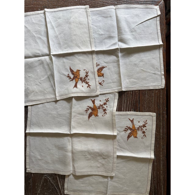 Vintage Fine Linen Luncheon Napkins, Embroidered Songbird Motif, Hemstitched Ivory Linen, C. 1940s–1950s - Set of Four For Sale In Chicago - Image 6 of 8
