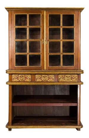 Large Early 20th Century Indonesian Cabinet with Beveled Glass Doors and Drawers