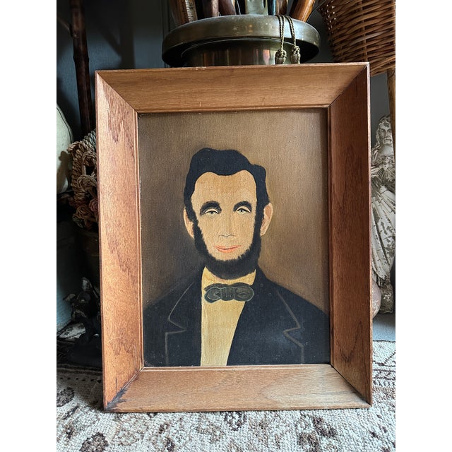 Circa 1940 American Folk Revival Portrait of Abraham Lincoln, Oil on Canvas Board For Sale - Image 4 of 10