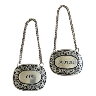 Liquor Decanter Tags - Ornate Pewter - Gin and Scotch, Set of 2 For Sale