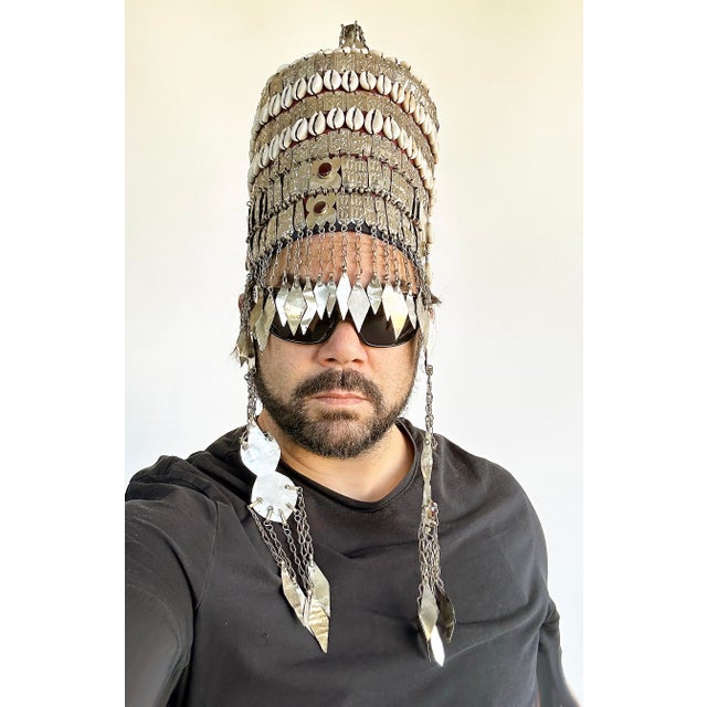 Vintage Turkman Bridal Ceremonial Headdress, Heavily Adorned on Stand Offered for sale is a vintage bridal ceremonial...