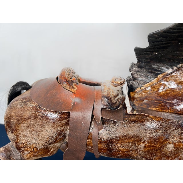 Brown Antique American Folk Art Composition Plaster Horse With Leather Saddle & Horsehair Tail For Sale - Image 8 of 11