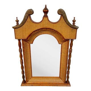 Late 20th Century British Colonial Tradewinds Rattan & Copper Grandfathers Clock Bonnet Mirror For Sale